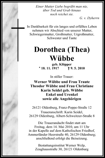 Traueranzeige von Dorothea (Thea) Wübbe von Nordwest-Zeitung