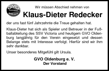 Traueranzeige von Klaus-Dieter Redecker von Nordwest-Zeitung