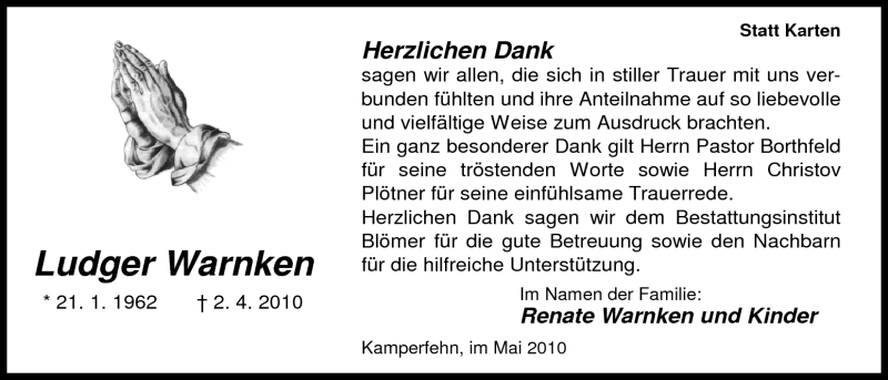  Traueranzeige für Ludger Warnken vom 17.05.2010 aus Nordwest-Zeitung