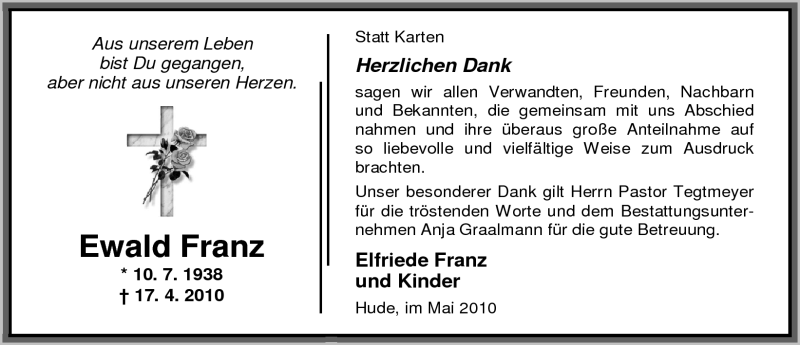  Traueranzeige für Ewald Franz vom 19.05.2010 aus Nordwest-Zeitung
