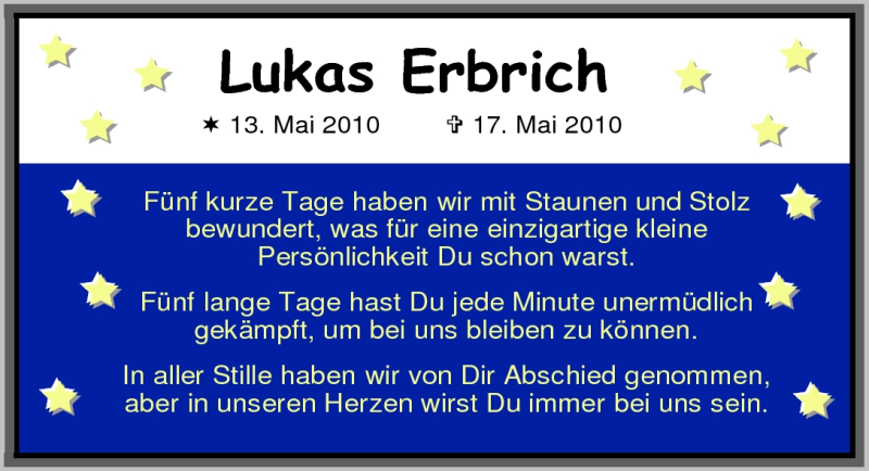  Traueranzeige für Lukas Erbrich vom 22.05.2010 aus Nordwest-Zeitung
