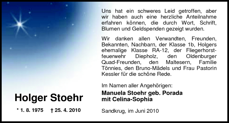  Traueranzeige für Holger Stoehr vom 05.06.2010 aus Nordwest-Zeitung