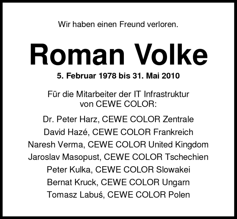  Traueranzeige für Roman Volke vom 04.06.2010 aus Nordwest-Zeitung