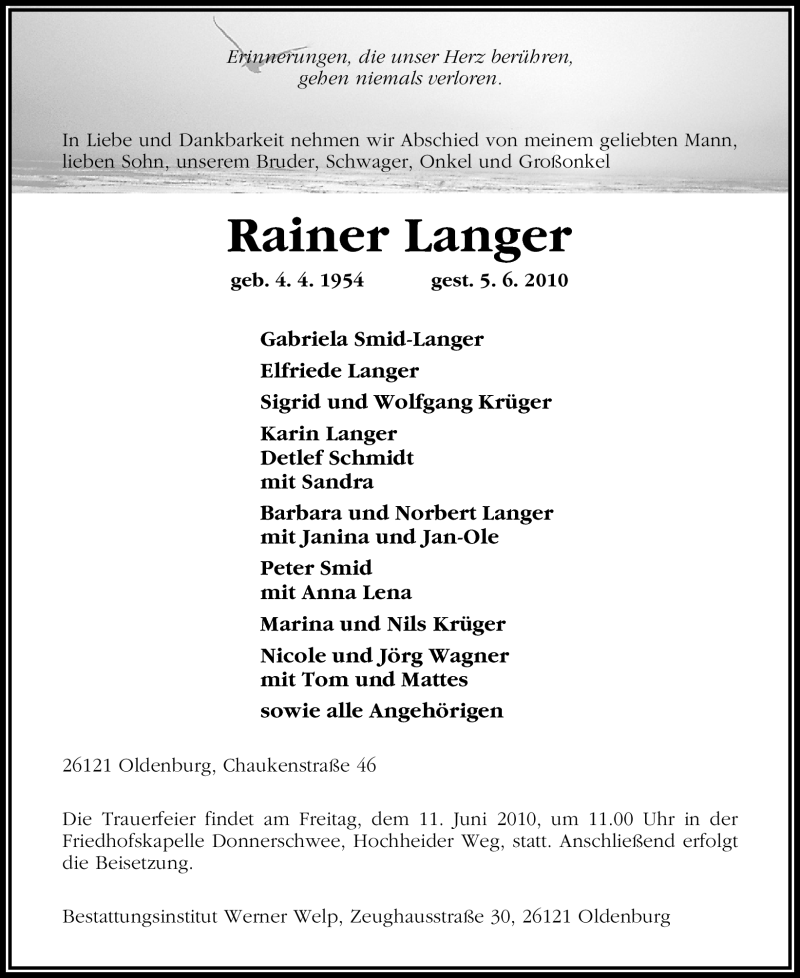  Traueranzeige für Rainer Langer vom 08.06.2010 aus Nordwest-Zeitung