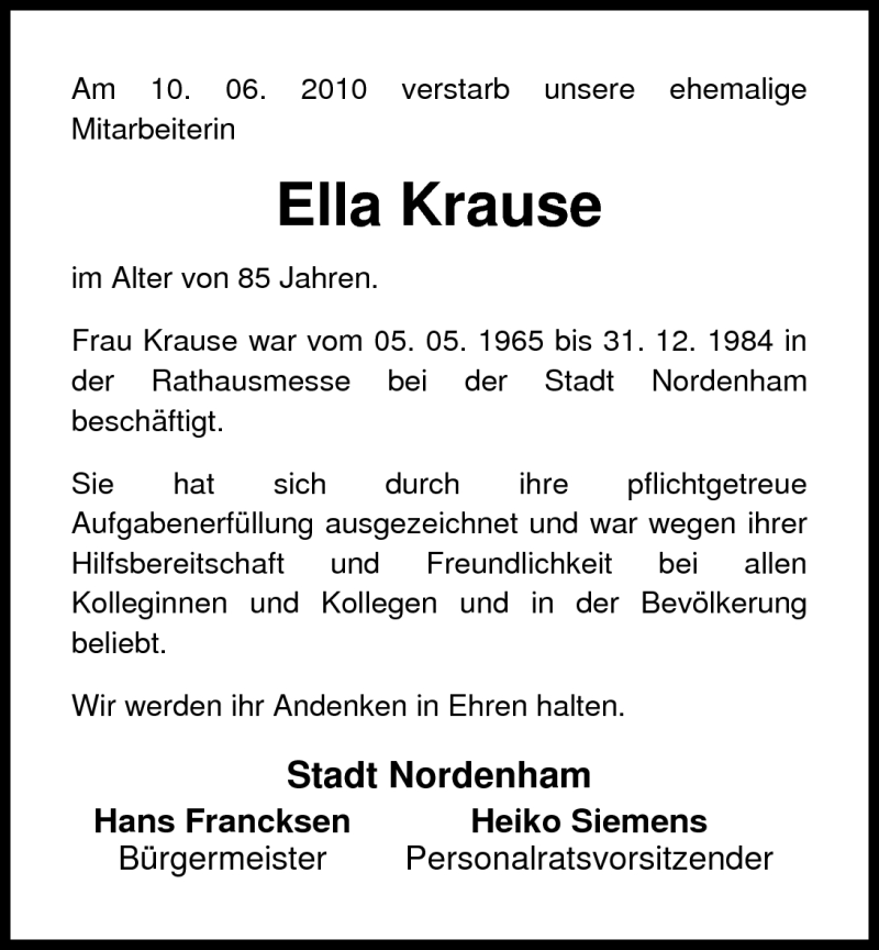 Traueranzeigen Von Ella Krause Nordwest Trauer De