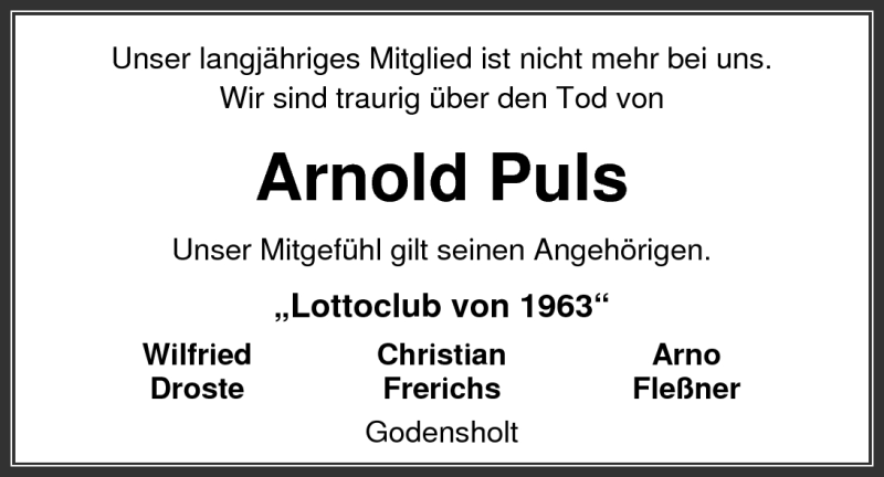 Traueranzeigen Von Arnold Puls Nordwest Trauer De