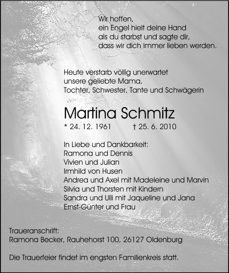  Traueranzeige für Martina Schmitz vom 03.07.2010 aus Nordwest-Zeitung