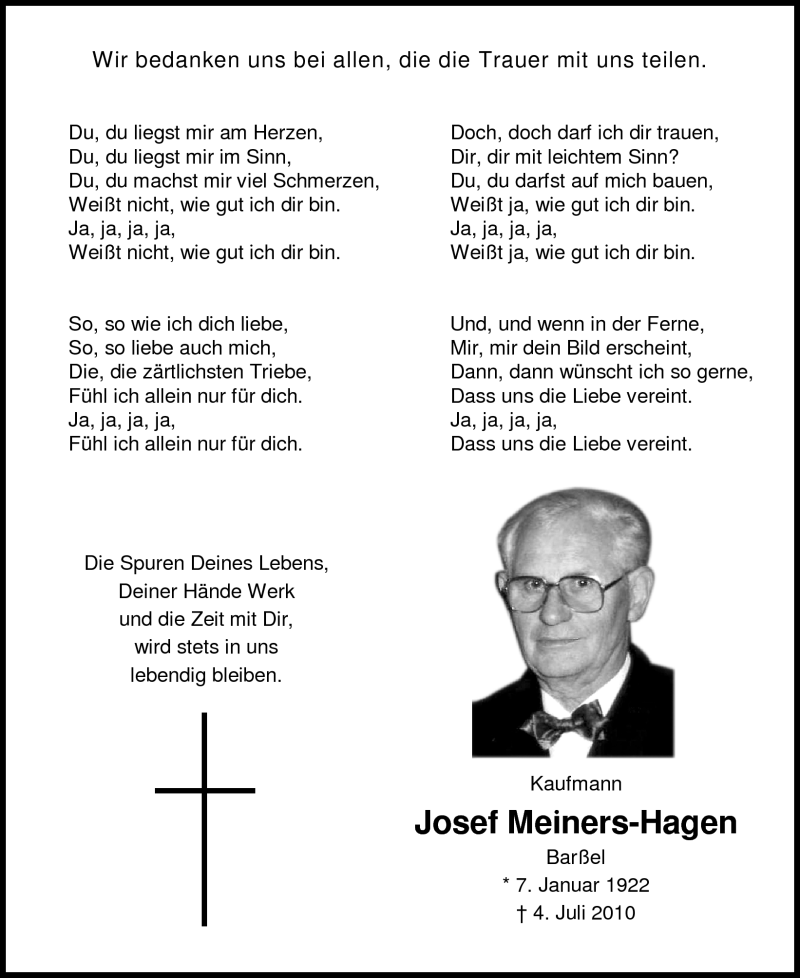 Traueranzeigen Von Josef Meiners Hagen Nordwest Trauer De