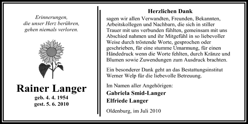  Traueranzeige für Rainer Langer vom 24.07.2010 aus Nordwest-Zeitung