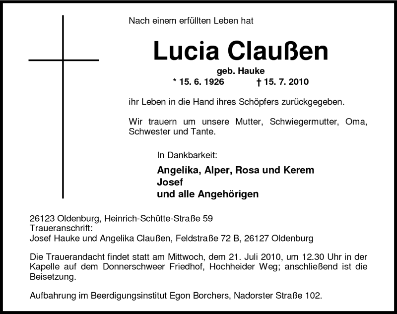 Traueranzeigen von Lucia Claußen nordwest trauer de