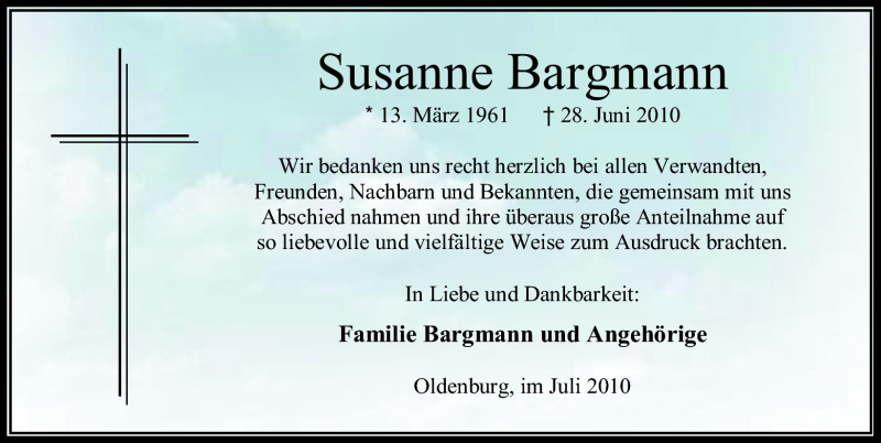  Traueranzeige für Susanne Bargmann vom 24.07.2010 aus Nordwest-Zeitung