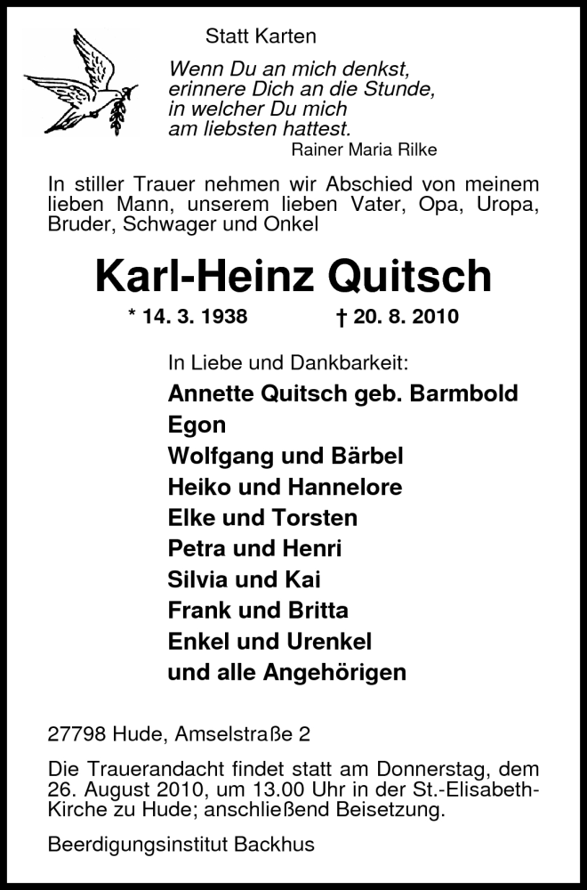  Traueranzeige für Karl-Heinz Quitsch vom 23.08.2010 aus Nordwest-Zeitung