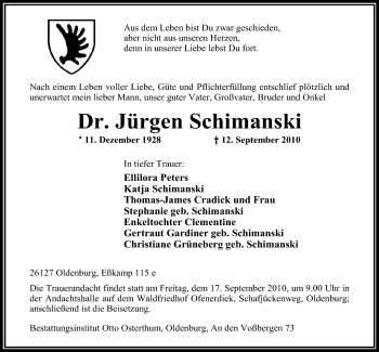 Traueranzeigen von Dr Jürgen Schimanski nordwest trauer de