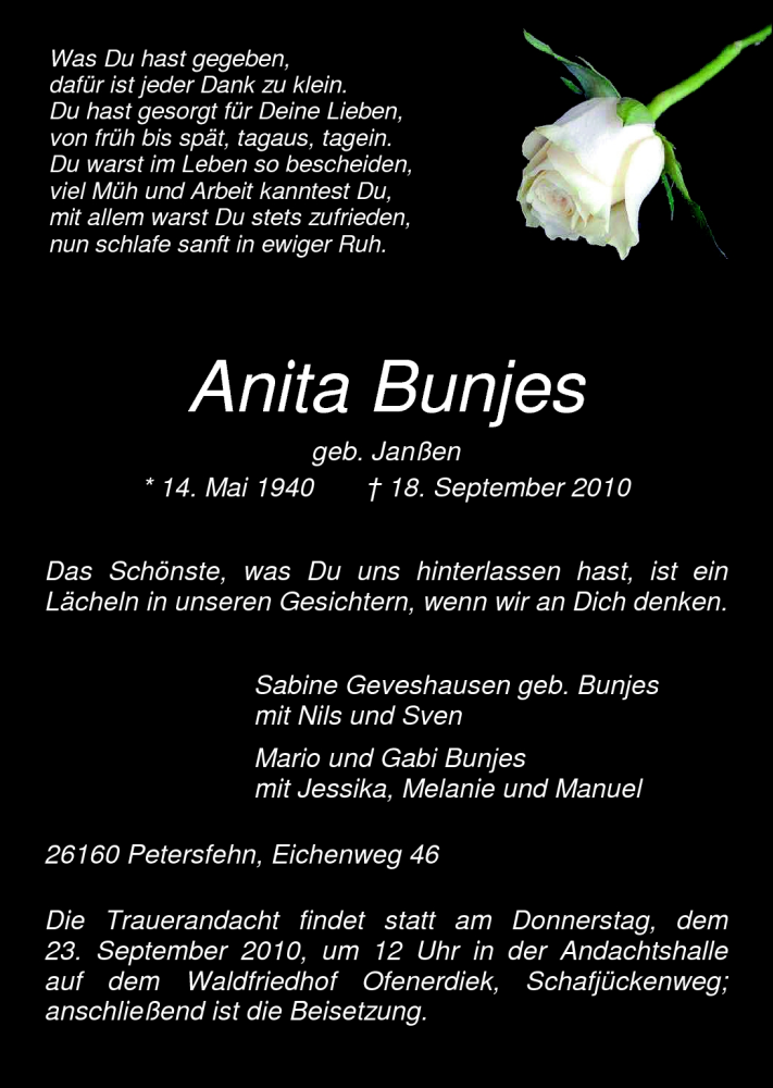 Traueranzeigen Von Anita Bunjes Nordwest Trauer De