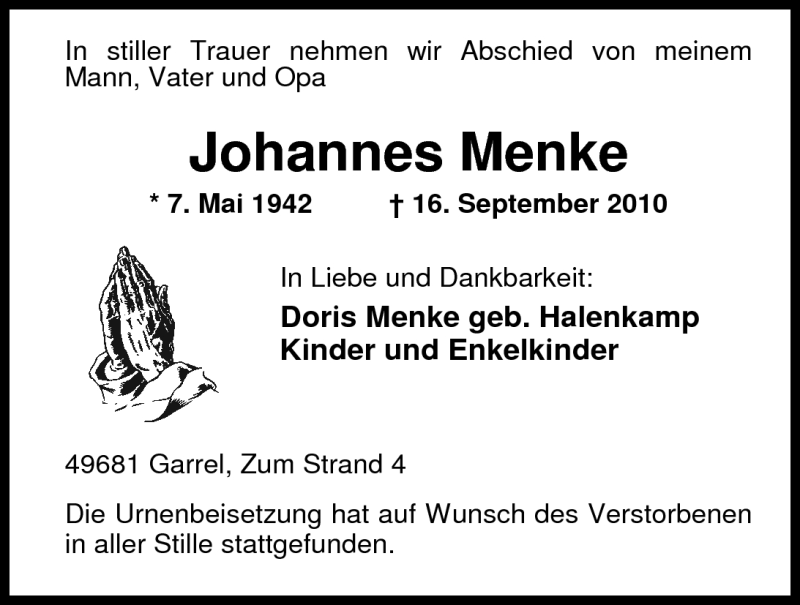 Traueranzeigen Von Johannes Menke Nordwest Trauer De