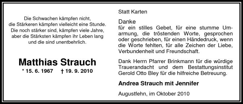  Traueranzeige für Matthias Strauch vom 16.10.2010 aus Nordwest-Zeitung