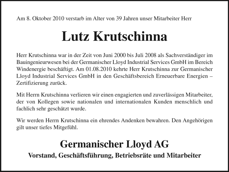  Traueranzeige für Lutz Krutschinna vom 16.10.2010 aus Nordwest-Zeitung