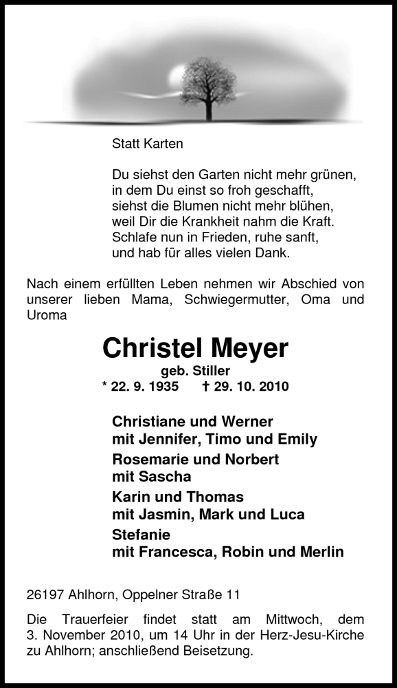  Traueranzeige für Christel Meyer vom 01.11.2010 aus Nordwest-Zeitung