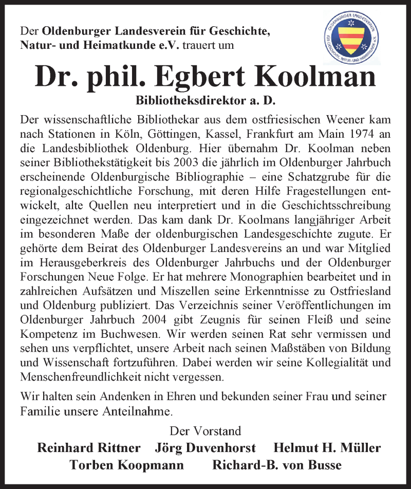  Traueranzeige für Egbert Koolman vom 23.07.2015 aus Nordwest-Zeitung