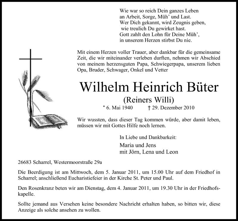  Traueranzeige für Wilhelm Heinrich Büter vom 31.12.2010 aus Nordwest-Zeitung