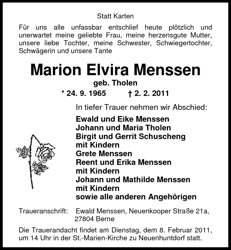 Traueranzeigen Von Marion Elvira Menssen Nordwest Trauer De