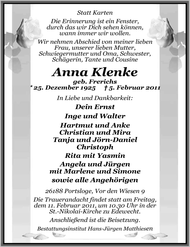  Traueranzeige für Anna Klenke vom 08.02.2011 aus Nordwest-Zeitung