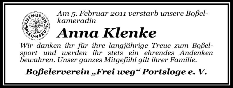  Traueranzeige für Anna Klenke vom 09.02.2011 aus Nordwest-Zeitung