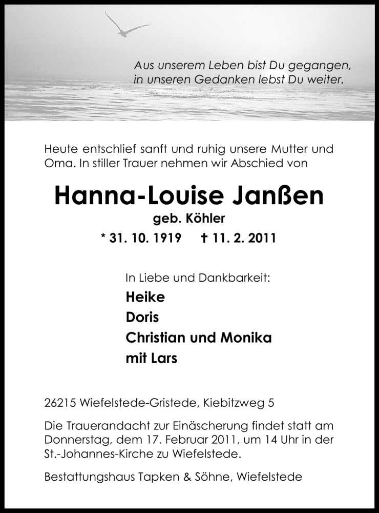 Traueranzeigen Von Hanna Louise Jan En Nordwest Trauer De