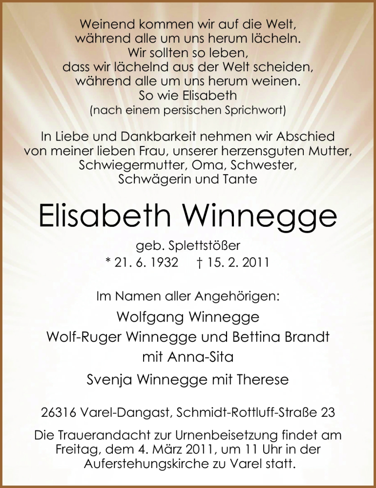  Traueranzeige für Elisabeth Winnegge vom 18.02.2011 aus Nordwest-Zeitung
