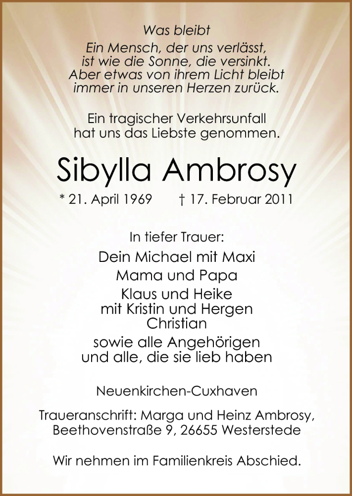  Traueranzeige für Sibylla Ambrosy vom 21.02.2011 aus Nordwest-Zeitung