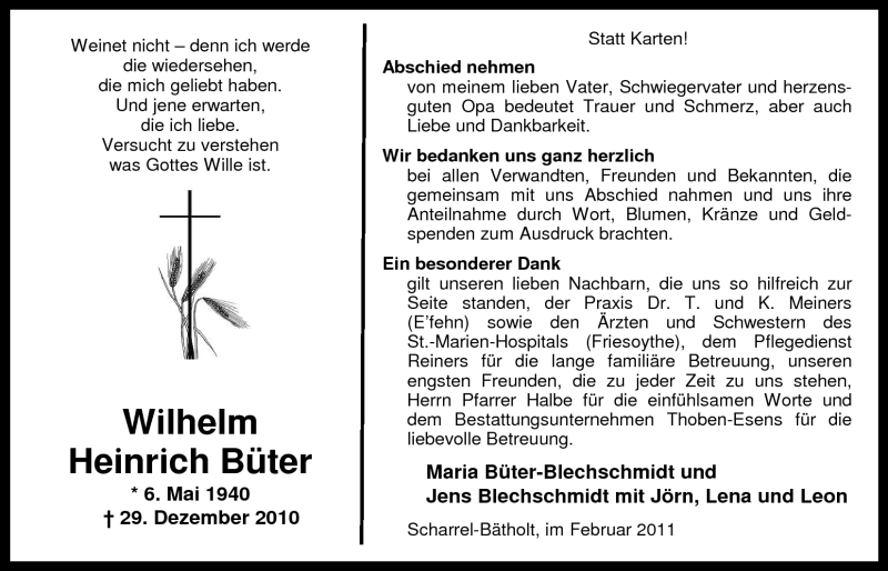  Traueranzeige für Wilhelm Heinrich Büter vom 25.02.2011 aus Nordwest-Zeitung