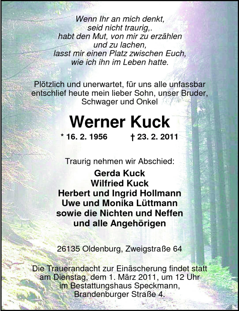  Traueranzeige für Werner Kuck vom 25.02.2011 aus Nordwest-Zeitung