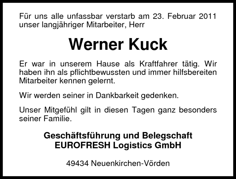  Traueranzeige für Werner Kuck vom 01.03.2011 aus Nordwest-Zeitung