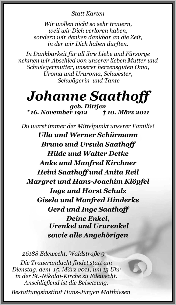  Traueranzeige für Johanne Saathoff vom 12.03.2011 aus Nordwest-Zeitung
