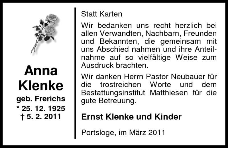  Traueranzeige für Anna Klenke vom 17.03.2011 aus Nordwest-Zeitung