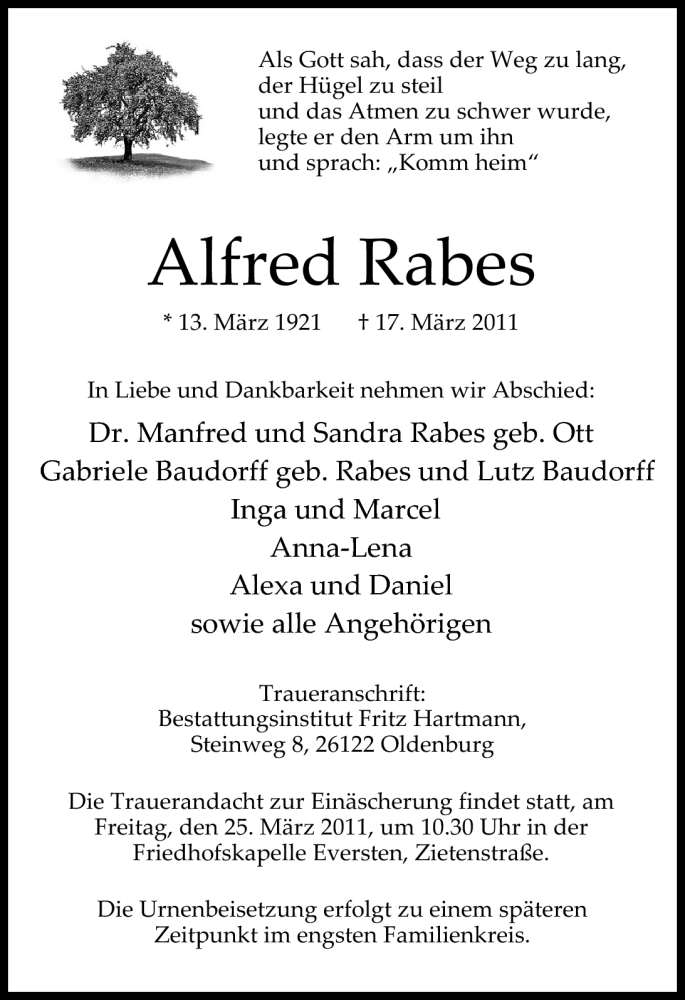 Traueranzeigen Von Alfred Rabes Nordwest Trauer De