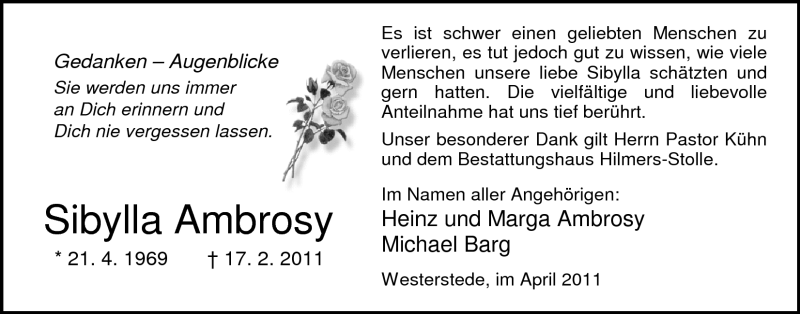  Traueranzeige für Sibylla Ambrosy vom 09.04.2011 aus Nordwest-Zeitung