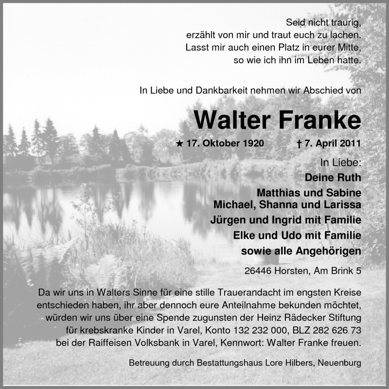 Traueranzeigen Von Walter Franke Nordwest Trauer De