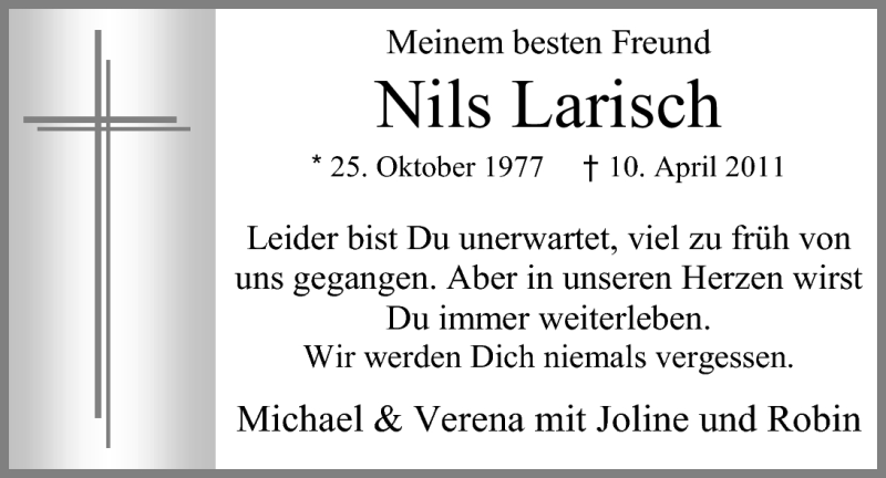  Traueranzeige für Nils Larisch vom 14.04.2011 aus Nordwest-Zeitung