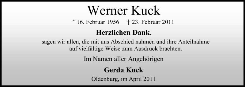  Traueranzeige für Werner Kuck vom 16.04.2011 aus Nordwest-Zeitung