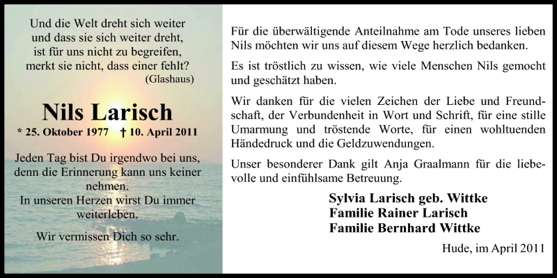  Traueranzeige für Nils Larisch vom 30.04.2011 aus Nordwest-Zeitung