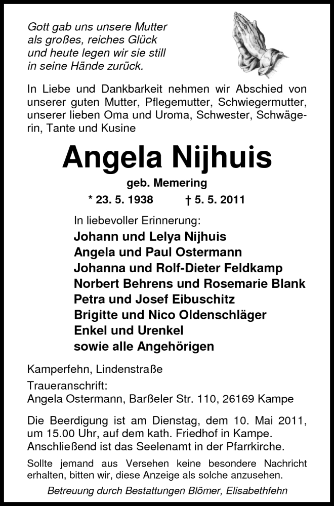  Traueranzeige für Angela Nijhuis vom 07.05.2011 aus Nordwest-Zeitung