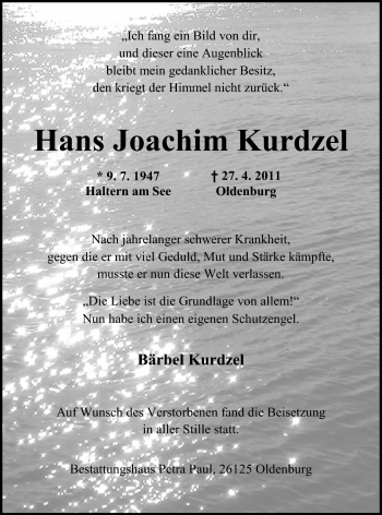 Traueranzeigen Von Hans Joachim Kurdzel Nordwest Trauer De