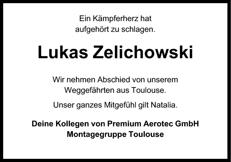  Traueranzeige für Lukas Zelichowski vom 26.05.2011 aus Nordwest-Zeitung