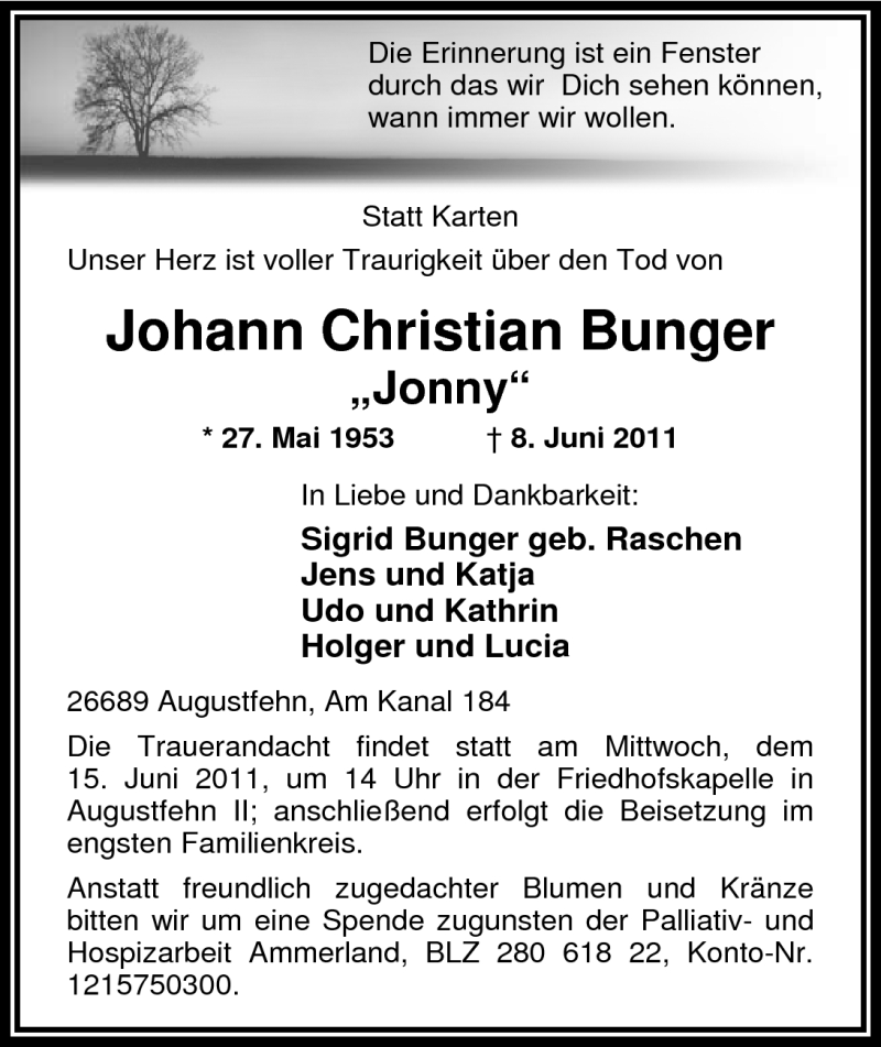  Traueranzeige für Johann Christian Bunger vom 10.06.2011 aus Nordwest-Zeitung