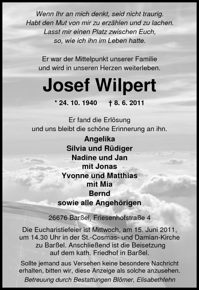  Traueranzeige für Josef Wilpert vom 10.06.2011 aus Nordwest-Zeitung