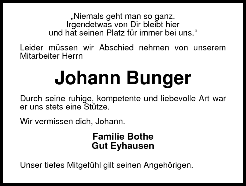  Traueranzeige für Johann Christian Bunger vom 11.06.2011 aus Nordwest-Zeitung