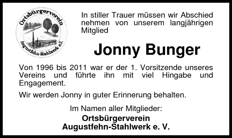  Traueranzeige für Johann Christian Bunger vom 11.06.2011 aus Nordwest-Zeitung