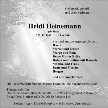 Traueranzeigen Von Heidi Heinemann Nordwest Trauer De