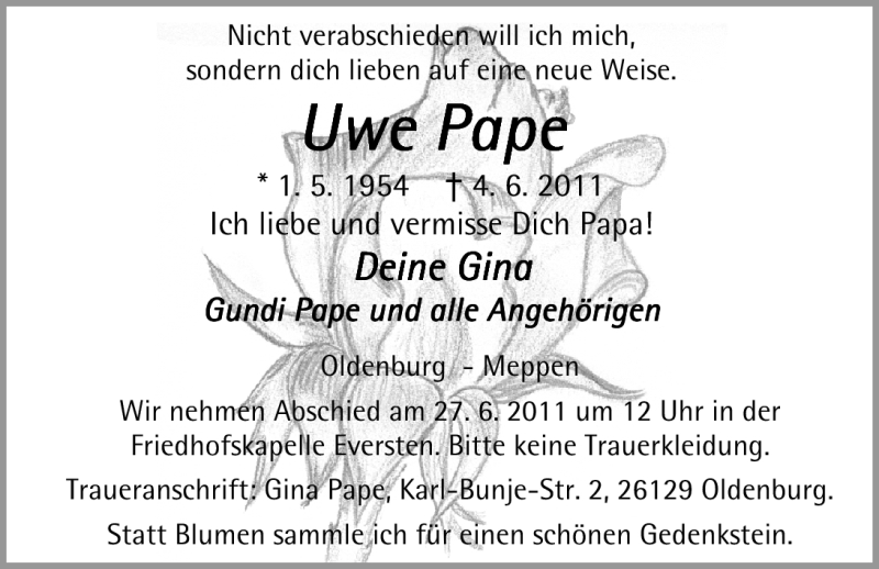  Traueranzeige für Uwe Pape vom 15.06.2011 aus Nordwest-Zeitung